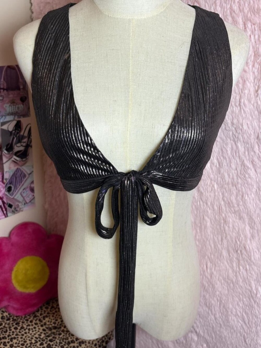 For love and lemons Black ribbed metallic tie front crop top